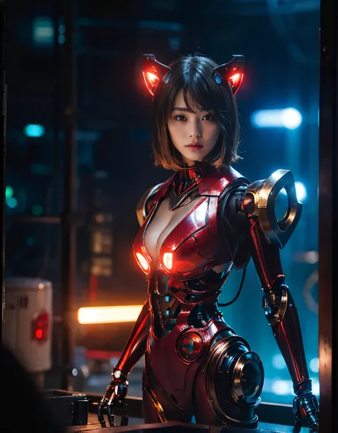 (1 Mechanical Girl)、（Mystical expression）、top-quality、​masterpiece、超A high resolution、(Photorealsitic:1.4)、Raw photo、女の子1人、glowy skin、(((1 Mechanical Girl)))、（Red Metal Bodysuit）、(alien background、futuristic alien background)、(Small LED)、((super realistic ...