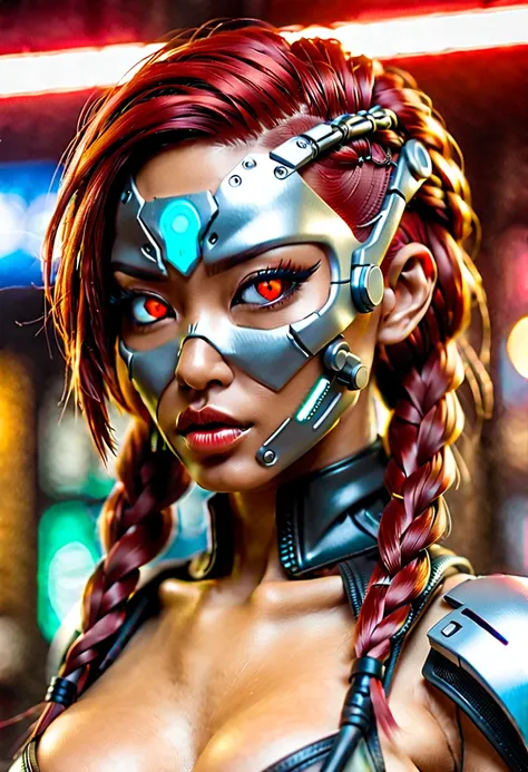 cyberpunk bar, sexy erotic Asian cyborg with braided metallic red hair and glowing eyes, best quality, super detailed, 16k, plastic sci-fi half mask only over mouth