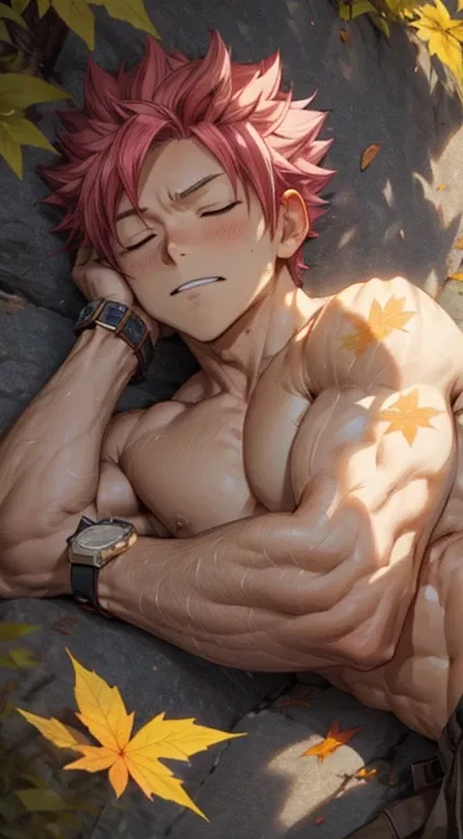 Natsu Dragneel with muscular fit body lying on ground surrounded by maple leaves and honey on body. Sleeping, dozing off, wristwatch in hand.