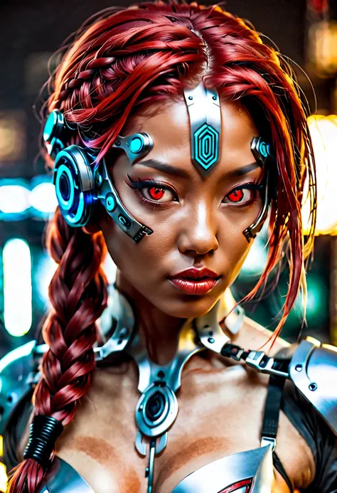 cyberpunk bar, sexy erotic Asian cyborg with braided metallic red hair and glowing eyes, best quality, super detailed, 16k, plastic sci-fi half mask only over mouth