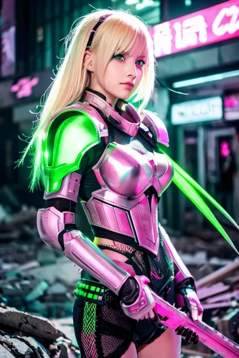 Bright Blonde full armoured girl, shiny pink eyes, with a green cyberpunk sword fighting, in a destroyed city