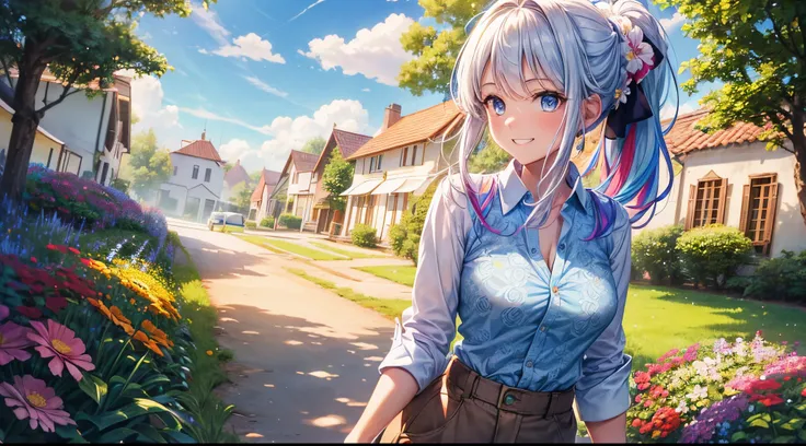 1girl, solo, full body, summer, village, trees, sun, clouds, ((colorful hair)), ponytail, large breasts, button down, blue eyes, ((floral pattern white shirt)), ((unbuttoned shirt)), ((short sleeved shirt)), belly reveal, shorts, brown shoes, grin, looking...