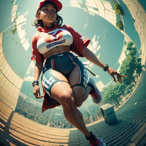 Step into a visually descriptive and detailed world with a fisheye lens 2.0 view of an African woman in a colorful hiphop outfit, her cap adding a touch of street style as she jumps from the ground, the bursting colors beneath her feet creating a stunning ...