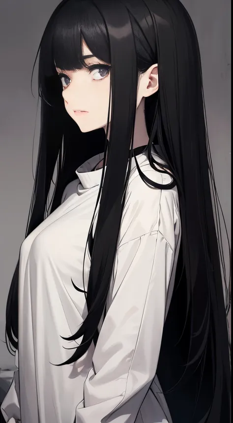 A teenage woman has very long black hair, depressive, pale skin, deep circles under her eyes. He wears a simple hero costume in dark tones, highlighting his melancholic aura. A simple but elegant outfit with dark undertones.