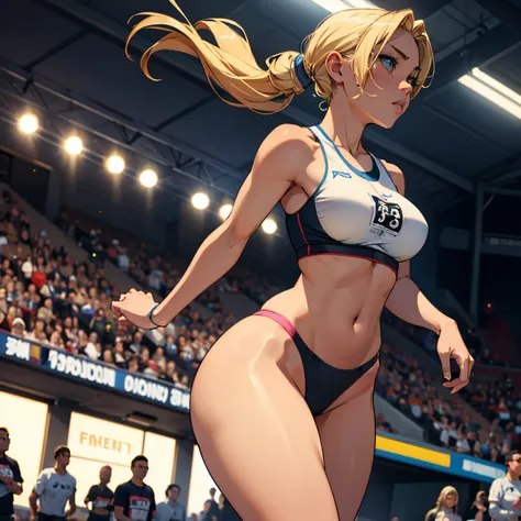 Masterpiece, high quality, girl, blonde, wide hips, big breasts, thin sports panties, pussy brand, tight big breasts, athlete, running, running track