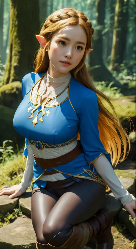 top-quality, 8K, ultra-detailliert, Photorealsitic, 『The Legend of Zelda』A masterpiece that expresses Princess Zelda in the highest quality.........., Breath of the Wild, Solo portrait of a girl with ample breasts, Shine inspired by Nintendo, The stage is ...