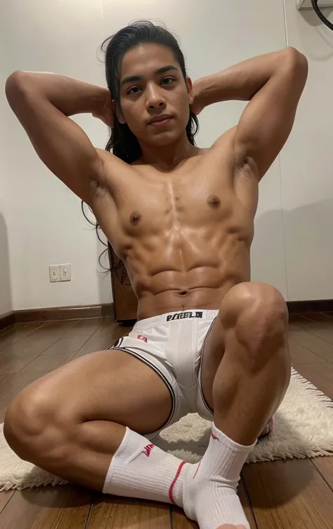 10-year-old boy, Latino, mexicano colombiano, venezolano, indigena, Bragas blancas envueltas, White soccer socks, sat on the floor, legs are open, sudar,desnudez，Abs, cara hermosa, piel morena y tersa , rough breath, Torogao, rubor en la nariz, rubor facia...