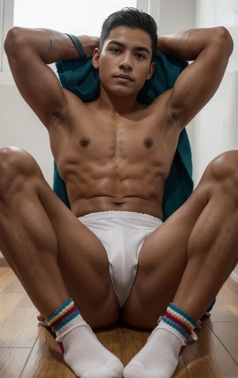 10-year-old boy, Latino, mexicano colombiano, venezolano, indigena, Bragas blancas envueltas, White soccer socks, sat on the floor, legs are open, sudar,desnudez，Abs, cara hermosa, piel suave y tersa , rough breath, Torogao, rubor en la nariz, rubor facial...