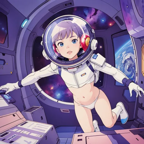 (superflat, flat shading, flat color), masterpiece, best quality, spaceship interiors, 1girl, 12yo young teen, petite, spacesuit two piece, space helmet, white panties, belly, flying in zero gravity, in spaceship room, sci-fi, vibrant colors, watercolor, g...