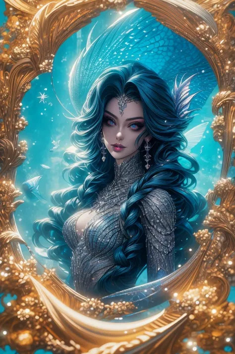 (Absurd, High Quality, Ultra Detailed, Careful With Hand) Mermaid, Mermaid Tail, Dreamy, Vivid, Romantic, Whole Body. Optimistic, Fair-Minded, hutless and Intellectual Face. Reckless, Cold-Hearted, Impatient, Overconfident Style. Mature, Dark black Eyes (E...