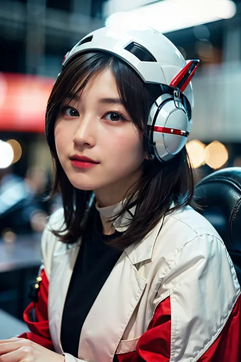 Highest image quality, excellent details, Ultra-high resolution, (fidelity: 1.4), The best illustrations, favor details, Highly condensed 1girl, with a delicate and beautiful face, Dressed in red and white mecha, Wearing a mecha helmet, holding a direction...