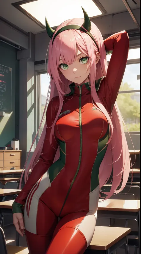 ZeroTwo, Zero Two, (Green eyes:1.5), hairband, Horns, Long hair, pink hair, red horns, white hairband,
BODY BREAK, covered navel, pilot suit, Red Bodysuit, science fiction,
BREAKTHROUGH in the room, Classroom,
BREAK looks at the viewer, BREAK (Masterpiece:...