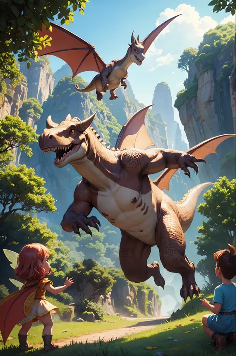 Fairy tale for children. One day, in a magical land where time stood still in the era of dinosaurs, lived three extraordinary creatures: a small dinosaur named Dino, his best friend, the kind triceratops Trofi, and the bouncy pterosaur Piko.