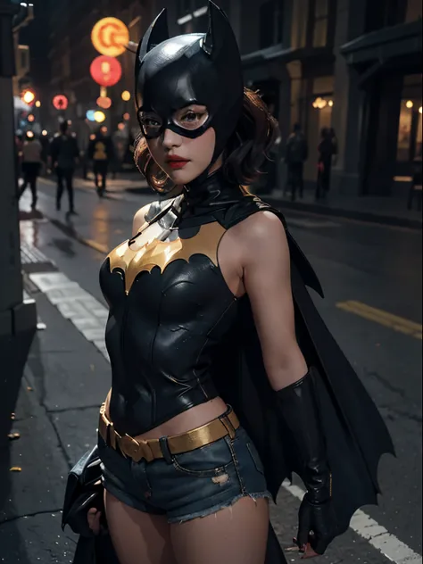 batgirl (1girl, medium breasts, cleavage, short shorts, short cape) best quality masterpiece，超高分辨率，（fidelity：1.4）， raw photograp...