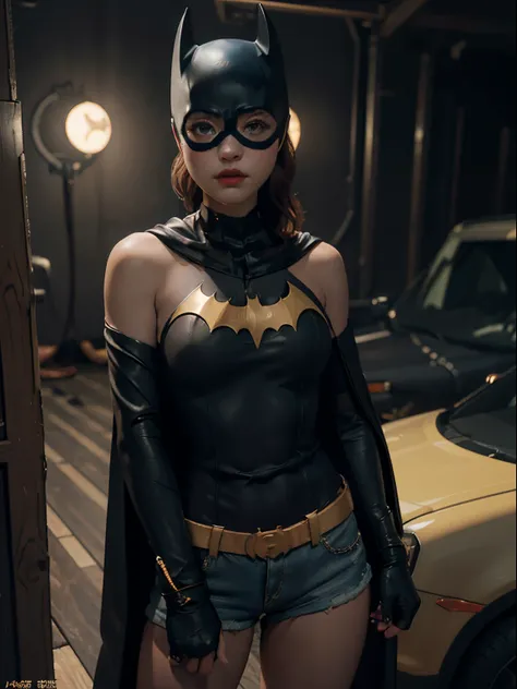 batgirl (1girl, medium breasts, cleavage, short shorts, short cape) best quality masterpiece，超高分辨率，（fidelity：1.4）， raw photograp...