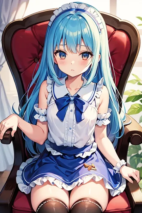 alice from alice in wonder land　Sitting on a chair, cute underwear with frill decorations　opening legs　pick up the skirt　leg ruffle band　teats