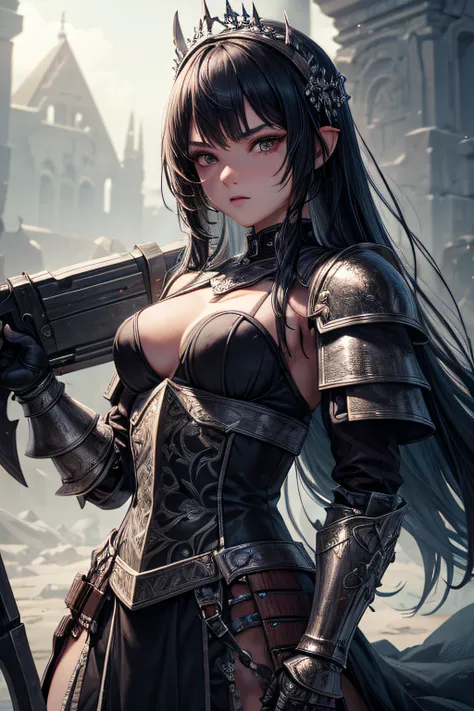 young teen girl, medieval berserker, dark, crazy, psychotic, raged, heavy armor, heavy weapons, small breasts,healers dress and accesories, highly detailed, vibrant appearance, creative behavior, extremly detailed, imaginative, sensual, spontaneous, highes...