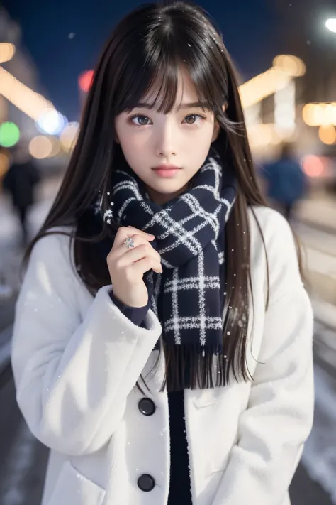 (A close-up of one girl is、I have long hair with dull bangs in a winter uniform and scarf coat:1.5)、(One girl with sad face and hair fluttering in the wind :1.3)、(Snowy winter night street corner with Christmas lights:1.5)、(Perfect Anatomy:1.3)、(No mask:1....