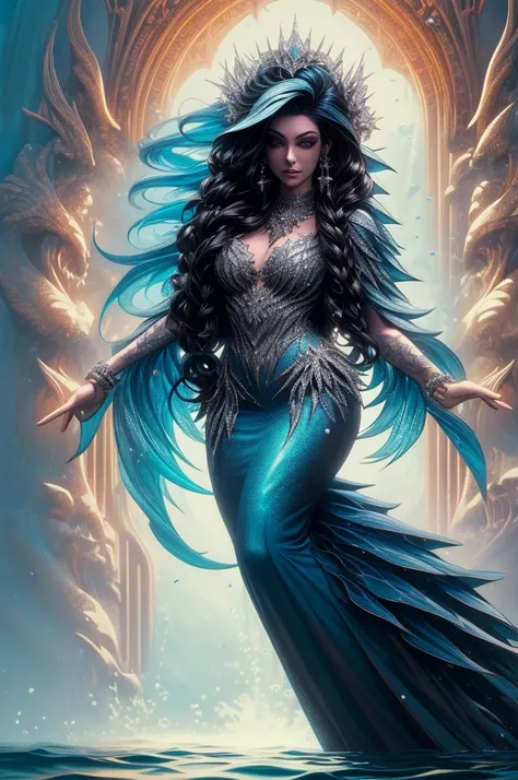 (Absurd, High Quality, Ultra Detailed, Careful With Hand) Mermaid, Mermaid Tail, Dreamy, Vivid, Romantic, Whole Body. Optimistic, Fair-Minded, hutless and Intellectual Face. Reckless, Cold-Hearted, Impatient, Overconfident Style. Mature, Dark black Eyes (E...