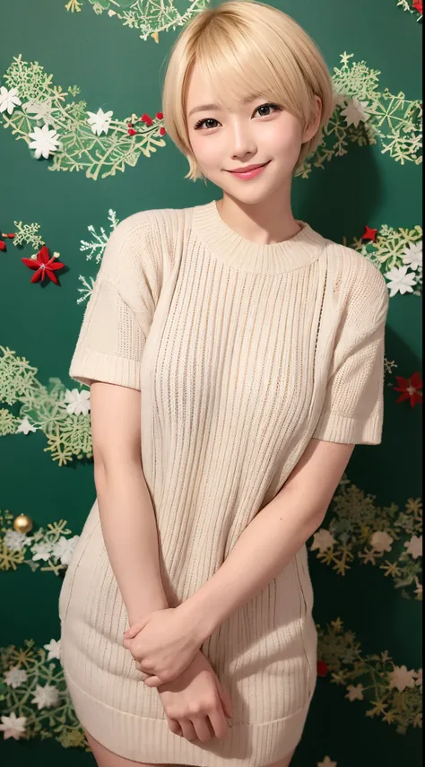 A cute smiling blonde Japanese woman with very short cut hair.、fashion modell、Christmas Background、