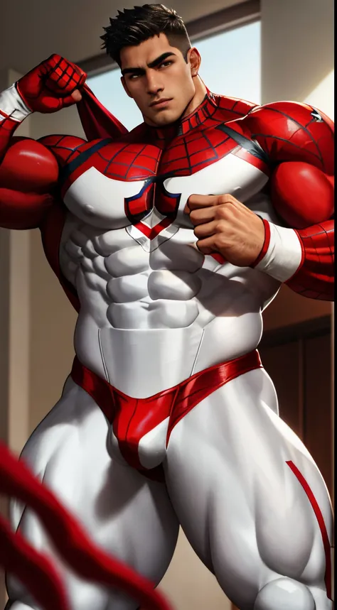 A teen (young) muscular mexican hero with Spider-man suit, massive muscular bodybuilder with extraordinary biceps pectorals triceps traps, plump, Gigachad, White costume with red cobwebs ((Suit White and Red)) bulge in the crotch. body full of huge muscles...