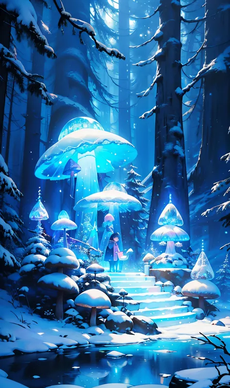 （（Winter wonderland，glowing winter，））(Best quality at best,A high resolution),Transparent blue glowing snow mushroom,3 Rendering,Crystal clear details,vibrant with colors,gentlesoftlighting,like a dream,Fairytale,obsessed,Whimsical,magical,mistic,Ethereal,...