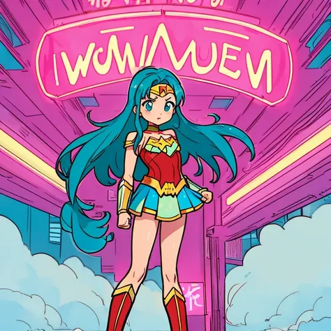 Wonder Woman, standing in downtown Tokyo with lots of pink and teal neon ads, about to lift off, looking straight into camera with a slightly grim look, extremely cute, full body image, satin body suit and skirt