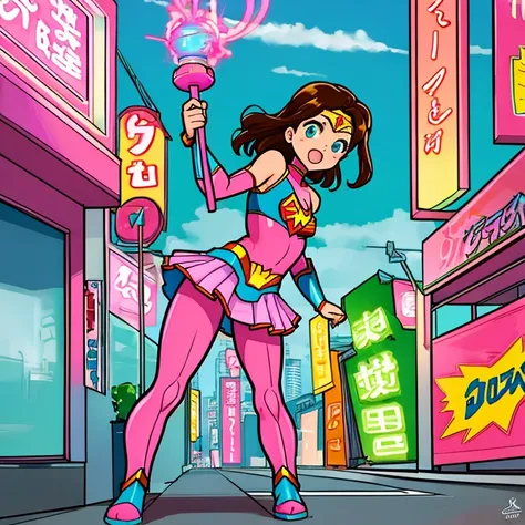 Wonder Woman, standing in downtown Tokyo with lots of pink and teal neon ads, about to lift off, looking straight into camera with a slightly grim look, extremely cute, full body image, satin body suit and skirt