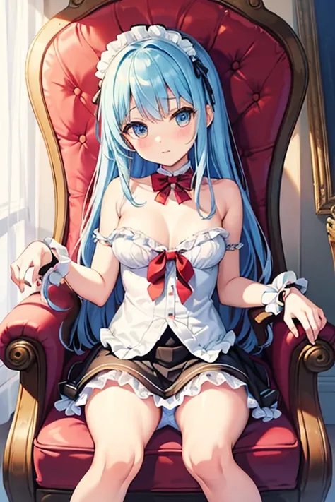 Upper body naked　alice from alice in wonder land　Sitting on a chair, cute underwear with frill decorations　opening legs　pick up the skirt　leg ruffle band　toppless　No pants　high quality breasts