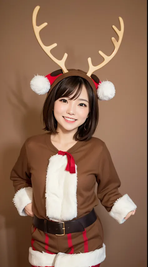 wearing a reindeer costume、Japanese woman with very short brown hair、Christmas Background、Cute smile、