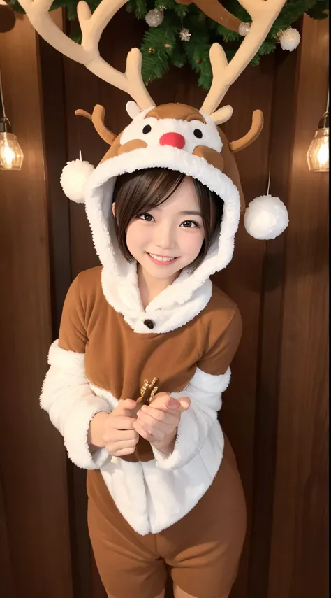 wearing a reindeer costume、Japanese woman with very short brown hair、Christmas Background、Cute smile、