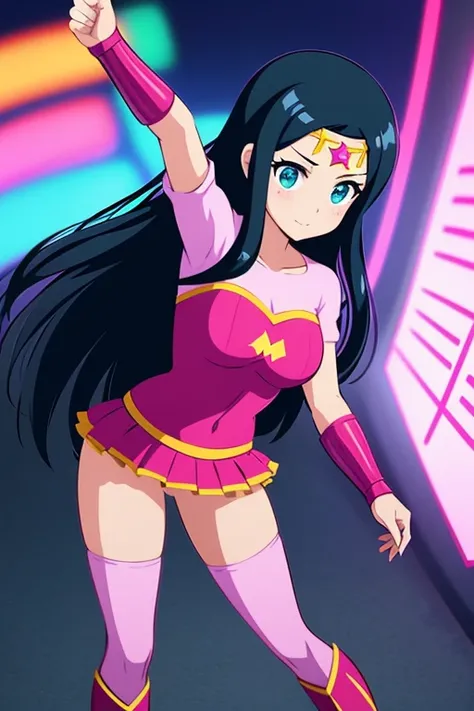 Wonder Woman, standing in downtown Tokyo with lots of pink and teal neon ads, about to lift off, looking straight into camera with a slightly grim look, extremely cute, full body image, satin body suit and skirt