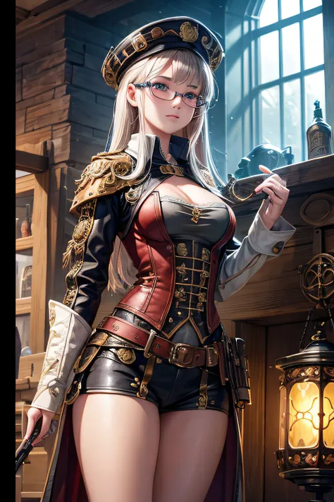 young teen girl, medieval inventor, the girl is a young genius, clothes from steampunk era, steampunk hat, wearing glasses, using a lot of tools and gadgets, small breasts,, highly detailed, vibrant appearance, creative behavior, extremly detailed, imagina...