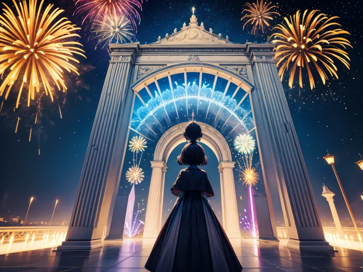 Design a monumental portal opening in the sky, releasing 3D fireworks and fractal energies that signify the transition from the old to the new year.