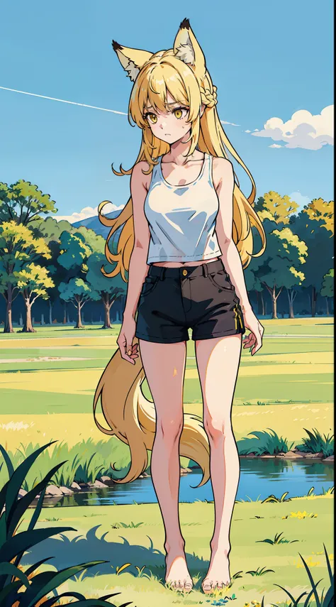 1girl,(sad),solo,medium breasts,(white tank top,black shorts),blonde hair,long hair,yellow eyes,fox ears,((standing in,grass,blue sky,)),legs together,(bare feet),