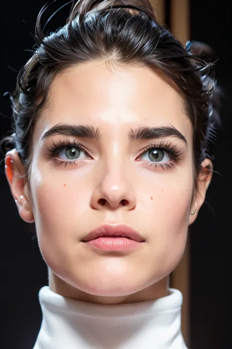 a close up of a woman with a black turtle neck top, clean perfect symmetrical face, clean beautiful symmetrical face, finely detailed perfect face, detailed perfect face, hyperdetailed perfect face, symmetrical face. beautiful eyes, large bushy eyebrows, l...