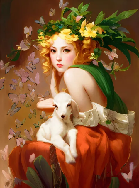 pintura de uma mulher com uma coroa de flores segurando um cordeiro, Deusa da Primavera, persephone in spring, Lois van Baarle e Bouguereau, inspirado em Cynthia Sheppard, Anna Dittmann Alberto Vargas, deusa jovem, pintura de bonito, arte shin jinyoung, tr...