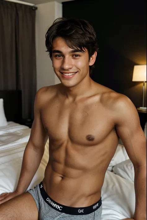 young man, 20 years old, european, very tanned skin, dark hair, short messy hair, deep eyes, brown eyes, jock, shirtless, big chest, tight boxers, relaxed in bed, side view, dark room, hotel room, playful expression, grinning