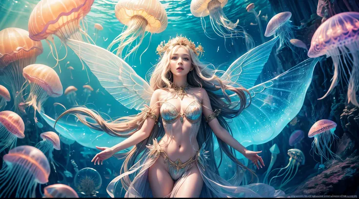 "Atlantean dreamscape, ((girl)) with translucent wings, surrounded by ((jellyfish)), beams of light casting enchanting shadows, fantasy realm, intricate details, otherworldly, magical atmosphere"