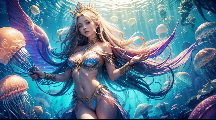 "Atlantean dreamscape, ((girl)) with translucent wings, surrounded by ((jellyfish)), beams of light casting enchanting shadows, fantasy realm, intricate details, otherworldly, magical atmosphere"