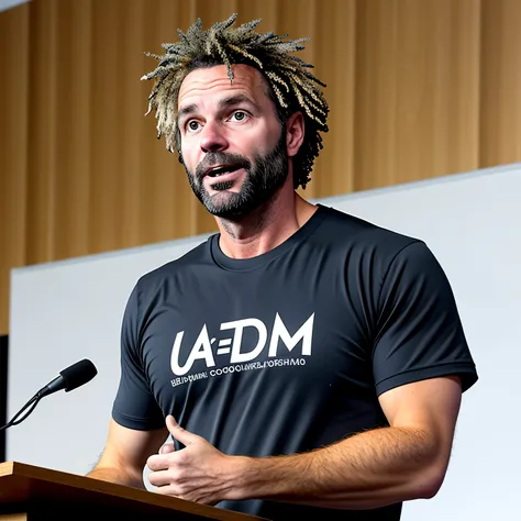 40-year-old man，with long coiled hair，Black hair mixed with white hair，tee shirt，In a university classroom，On the podium