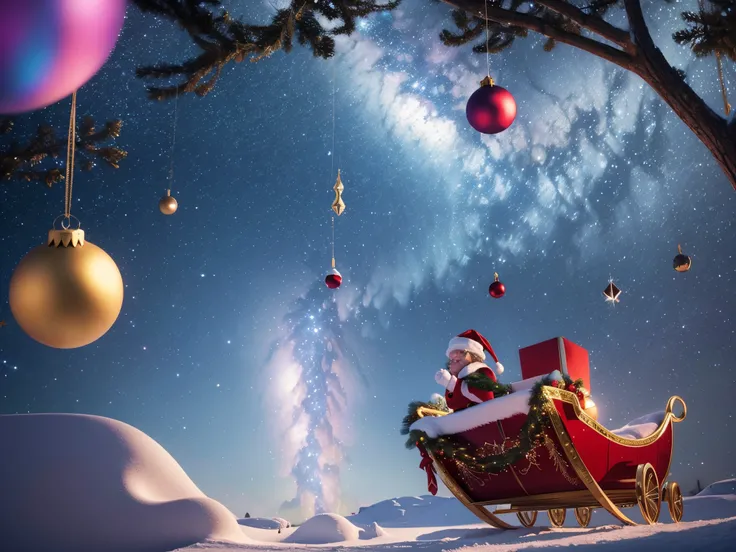 Design an otherworldly scene where 3D Christmas ornaments and Santas sleigh traverse a galaxy of mesmerizing fractals, each representing a unique festive dimension.