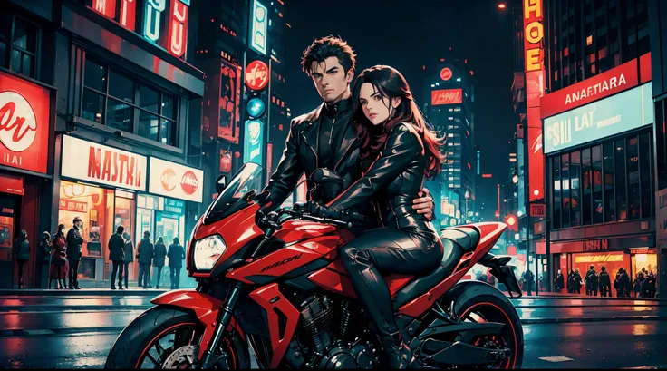 a man in a black motorcycle suit and a woman sitting on a red motorcycle in a city street. They are both looking at each other, and the woman is leaning back to look at the man. The scene is set against a backdrop of neon lights and buildings, creating a v...