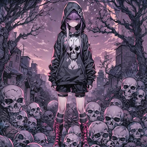 in the foreground, an anime-style grim reaper girl stands, embodying a mentally ill atmosphere. she wears a modern, black-toned ...