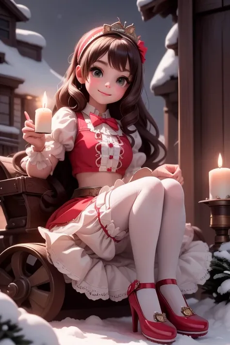 masterpiece, best quality, a girl smiling slouching on steampunk sleigh, christmas (crop shirt), christmas skirt, white tights, (((red lolita pumps))), holding a steampunk candle, magical garden at night, magic sparkles floating, 3DMM, 3D Chibi Figure, sno...