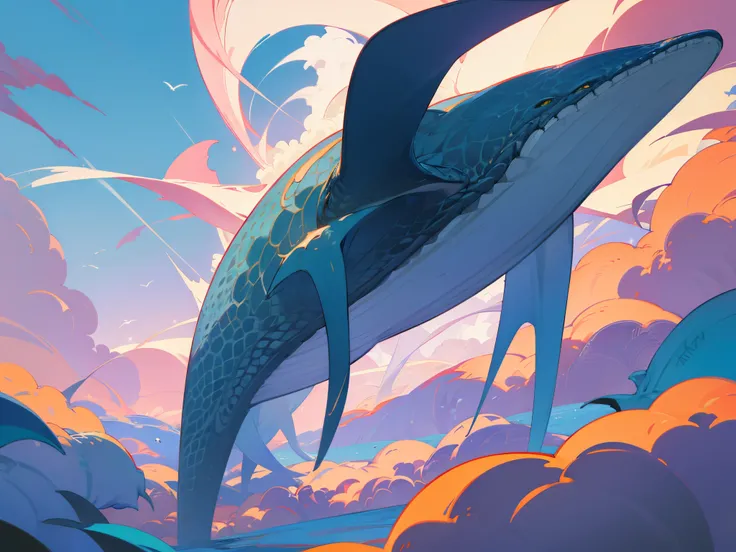 leviathan the giant sky whale, evil sky whale, massive, long sharp design, horrifying, full body, giant sky whale