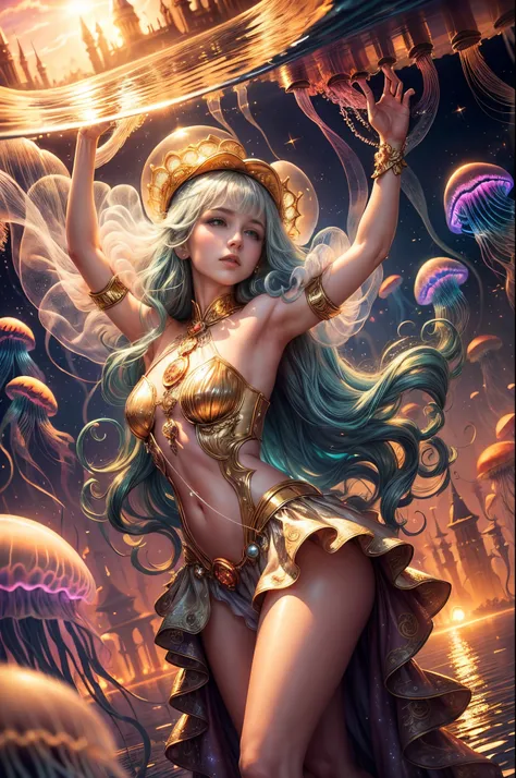 "Mystical ((jellyfish)) ballet, ((fantasy girl)) in enchanted gown, beams of light piercing through water, Atlantis cityscape in background, ((golden hour)) glow, detailed, whimsical, fantasy art, vibrant palette"