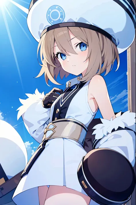 solo, 1girl, cowboy shot, sunlight, blanc, white dress, fur-trimmed jacket, fur trim, hat