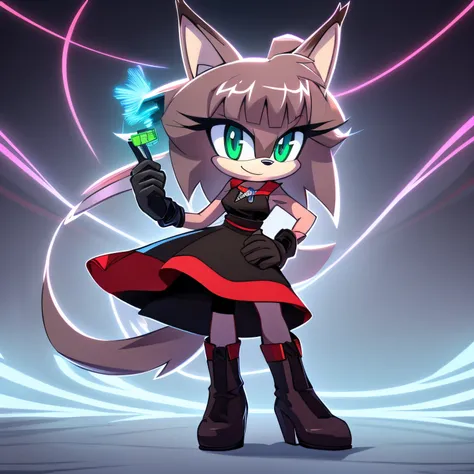 Female, Mobian, one hand on hip, (((2D Anime Style))), (solo), (1girl), high quality digital art, red and black neon lines sketch art, black cloudy background, a red furred female anthropomorphic hedgehog from Sonic the hedgehog who has glowing green eyes,...