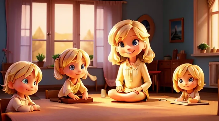 A smiling blonde woman, taking a picture, illuminated by lamplight, sitting in the living room with her three children, the window overlooking the garden of the house and the sun shining.